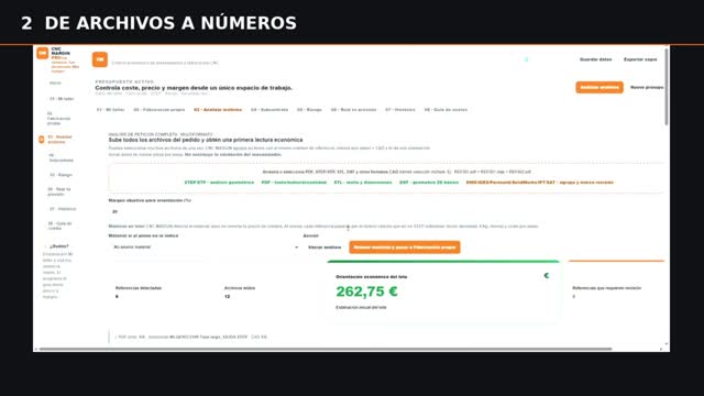 Pantalla real de CNC MARGIN mostrando el análisis económico